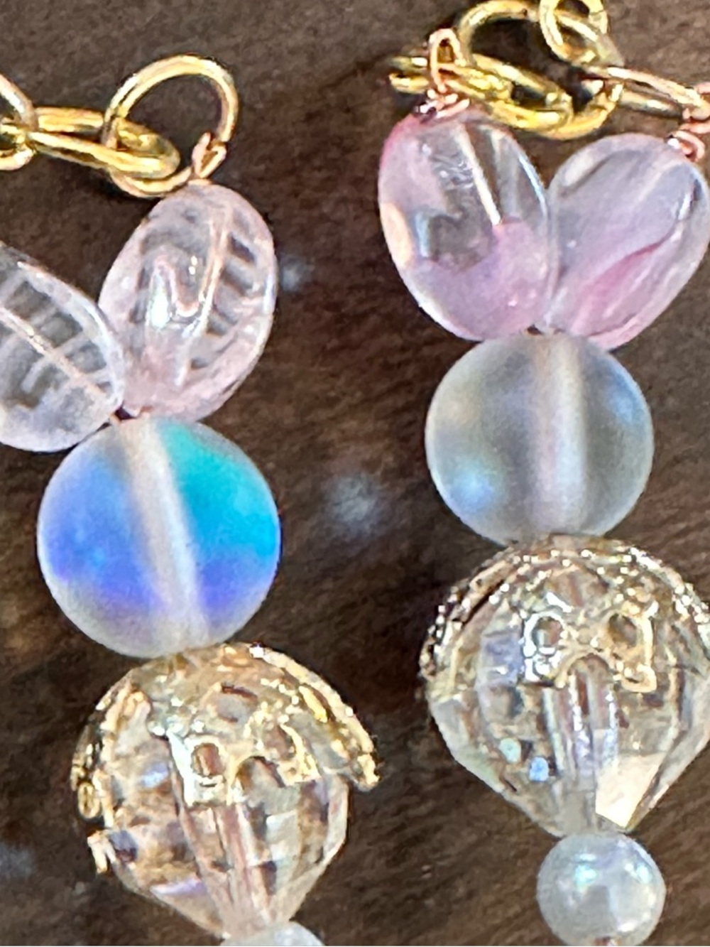 Gold-Tone Bunny Earrings with Pink and Iridescent Beads